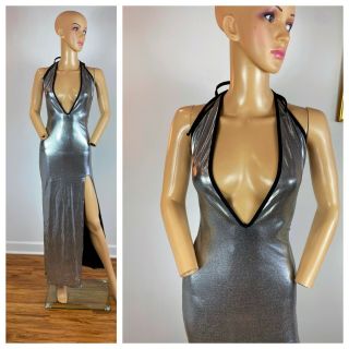 Vtg 80s Party Prom Dynasty Silver Metallic Stretchy Plunging Slinky Dress M