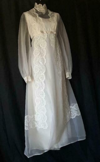 Vintage 1970s Boho Victorian Chiffon & Lace Bridal Gown Wedding Dress - M / L