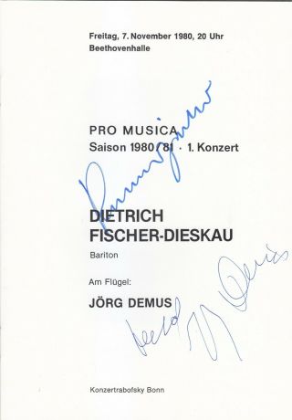 Autographed Opera/recital/concert Programme 1980 Dietrich Fischer - Dieskau Bonn