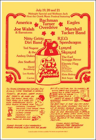 Eagles Lynyrd Skynyrd Walsh Nugent Bto 1974 Sedalia Ozark Fest Concert Poster