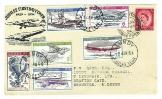 Lundy 1954 Aircraft Set Of 6 On Front Piece Of Illustrated Jubilee Fdc
