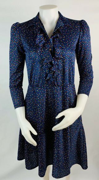Vintage 60s Mod Womens 6 Polka Dot Long Sleeve A Line Dress Ruffle Neck Blue