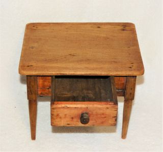 Vintage Dollhouse Miniature Primitive Hand Made Wood Table W/drawer - 7” Tall