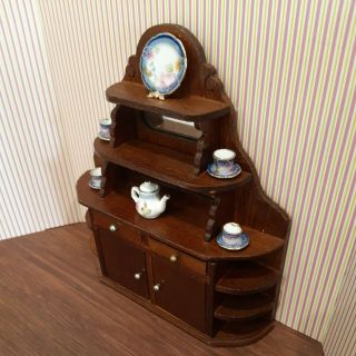 Dollhouse Miniatures 1:12 Vintage Wood Hutch/cabinet With Tea Set