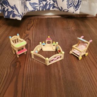 Calico Critters Sylvanian Families Retired Baby Nursery Stroller High Chair Play
