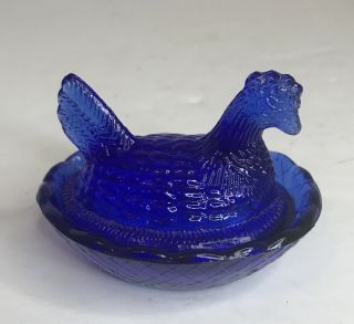 Vintage Small Cobalt Blue Glass Hen On Nest Salt Celler