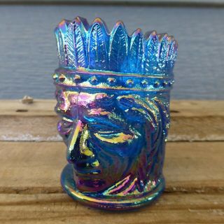 St Clair Summit Millennium Blue Carnival Glass Toothpick Holder American Indian