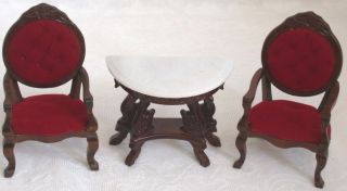 Dollhouse Fantastic Merchandise Faux Marble Top Table W Swan Carving & 2 Chairs