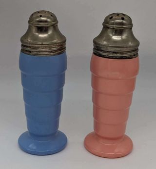 Vintage Hazel Atlas Moderntone Pastel Pink & Blue Salt & Pepper Shakers
