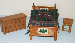 Dolls House Bedroom Alpine Lodge Log Cabin Dble Bed Drawers Bedside Cabinet 12th