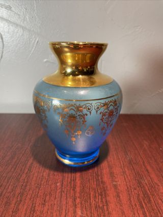 Vintage Vecchia Murano Glass Vase Aqua/l Blue 24 Kt.  Gold Vr Hallmark 5”
