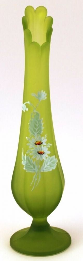 Westmoreland Art Glass Swung Vase Green Satin White Dasies Vintage Mid Century