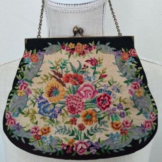 Vintage Ladies Black Multicolor Floral Tapestry Handbag Purse
