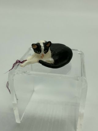 Dollhouse Miniature Mom Black & White Cat Licking Paws