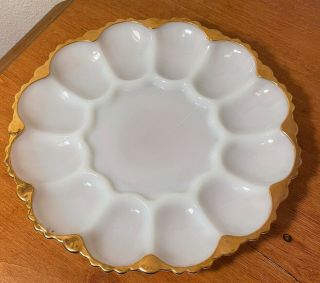 Vintage Deviled Egg Serving Dish White Milk Glass With Gold Trim 10” Scalloped