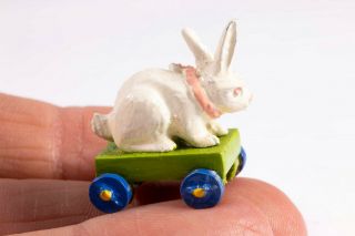Dollhouse Miniatures Warwick Hand Painted Pewter Pull Toy Of White Bunny Rabbit