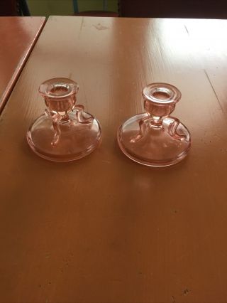 2 Vintage Pink Depression Glass Small Candle Stick Holders 3.  5 " Tall X 4” Wide