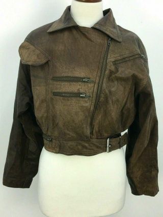 Vtg 80s Wilsons Brown Tan Cropped Moto Leather Jacket Womens Size Medium