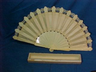 19thc Victorian Era Ladies Hand Fan W Lace,  Fabric Celluloid Sticks