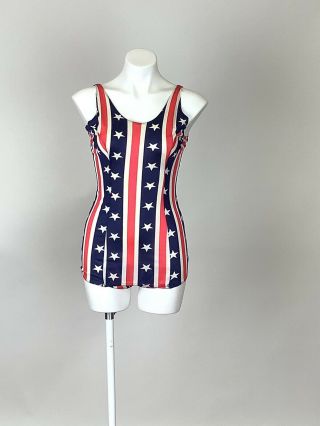 Vintage 1970s Red White Blue Stars Stripes Women’s One Piece Bathing Suit Flag