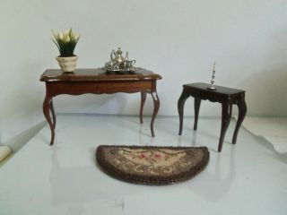 Vtg 1:12 Dollhouse Miniature 2 - Wooden Tables,  Rug,  Tea Set Plant /candle Stick
