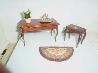 Vtg 1:12 Dollhouse Miniature 2 - Wooden tables,  rug,  tea set plant /candle stick 3