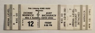Dionne Warwick & Burt Bacharach Concert Ticket Nbc Arena April 12,  1991