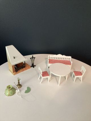 Vintage Lundby Dollhouse Miniatures Dining Room Set Fireplace Lamp