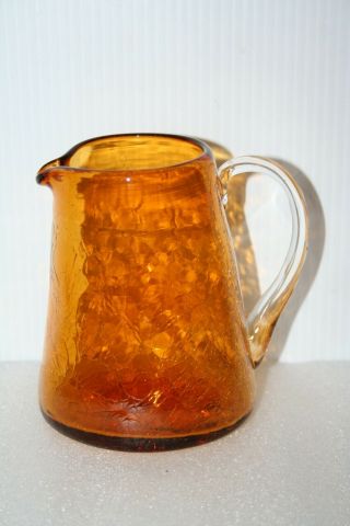 Rich Amber Blown Crackle Glass Pitcher Vase Applied Handle 4 - 3/4” Tall Vintage