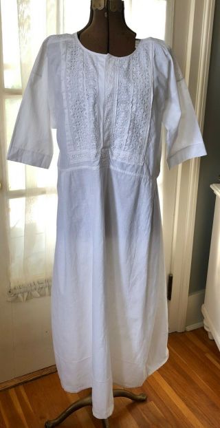 Antique Edwardian White Cotton Night Gown Dress W Lace