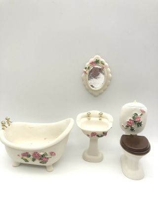 Dollhouse Miniatures 1:12 Bathroom Set Toilet Sink Mirror Tub Vintage