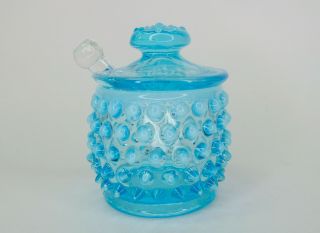 Fenton Glass | Vintage,  Ice Blue,  Opalescent Hobnail Condiment Jar,  Lid & Spoon