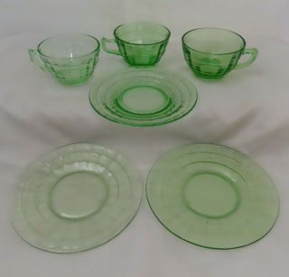 Anchor Hocking Block Optic Green Depression Glass 3 Cups & 3 Bread Plates