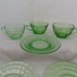 Anchor Hocking Block Optic Green Depression Glass 3 Cups & 3 Bread Plates 2