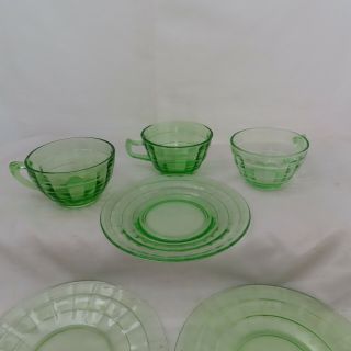 Anchor Hocking Block Optic Green Depression Glass 3 Cups & 3 Bread Plates 3