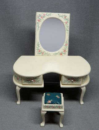 Vintage Carol Young Vanity W Stool & Mirror Artisan Dollhouse Miniature 1:12