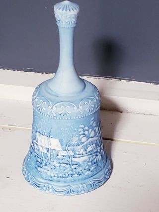 Fenton " Winter In The Country - Old Grist Mill " Blue Satin Glass Bell Signed