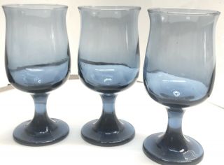 Set Of 3 Vintage Libbey Dusky Blue Tulip Wine Glasses - 5 5/8 " Tall
