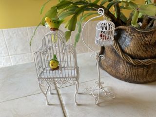 Dolls House Accessories Two White Ornate Metal Bird Cages With Birds 1.  12th