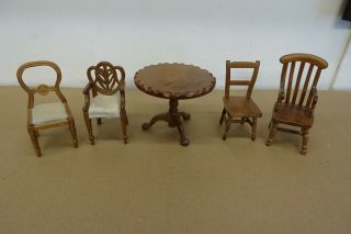 Antique Wooden Dolls House Furniture - Dining Room Table,  4 Different Chairs.