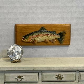 Vintage Artisan Mounted Colorful Fish Aged Wood Plaque Dollhouse Miniature 1:12