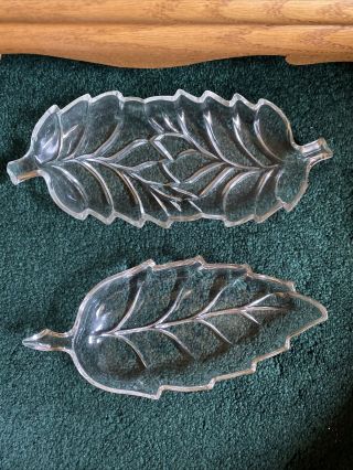 A Set Of “2” Vintage Leaf Shaped Clear Pressed Glass Candy Dishes