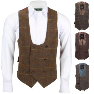 Mens Tweed Check Double Breasted Waistcoat Vintage Herringbone Mod Slim Fit Vest