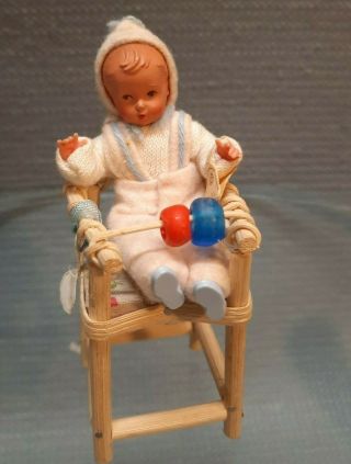Vintage Shackman Germany Miniature Baby Infant Poseable Doll Wicker Highchair