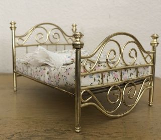 Vintage Dollhouse Brass Bed With Mattress Pillow Cover