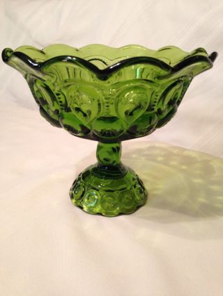 Moon And Stars Bowl On Pedestal L.  E.  Smith Green Open Compote Vintage Mcm