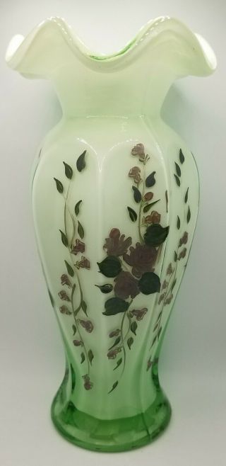 Vintage 9 1/2 " Green & Mauve Roses Hand Painted Cased Art Glass Vase Ruffled Top
