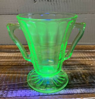 Vintage Anchor Hocking Green Vaseline Glass Block Optic Sugar Glass