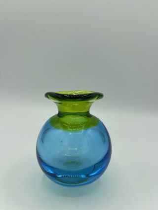 Blue Green Hand Blown Art Glass Bud Vase 3 1/2”