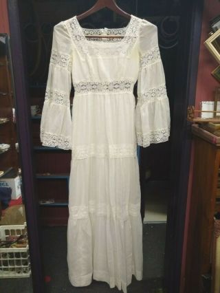 Vtg White Cotton Gauze Dress W Inlaid Lace,  Long Sleeve,  Cottagecore,  Prairie